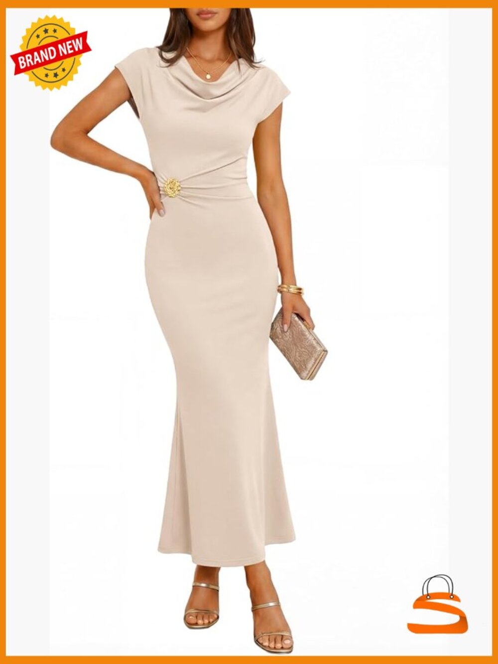 Cowl Neck Cap Sleeve Bodycon Midi Dress Ruched Wedding Cocktail